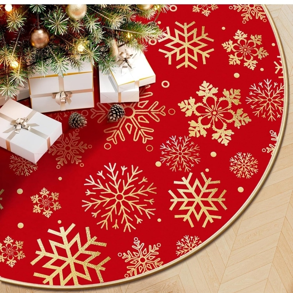 Festive Red and Gold Snowflake Tree Skirt
